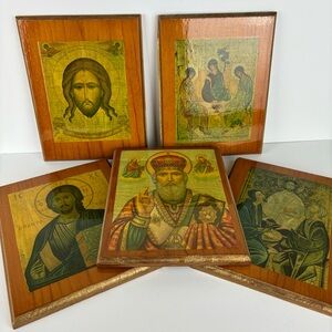 Handcrafted Wooden Plaque Collection -Religious Orthodox Icons-5 pc set-Vintage